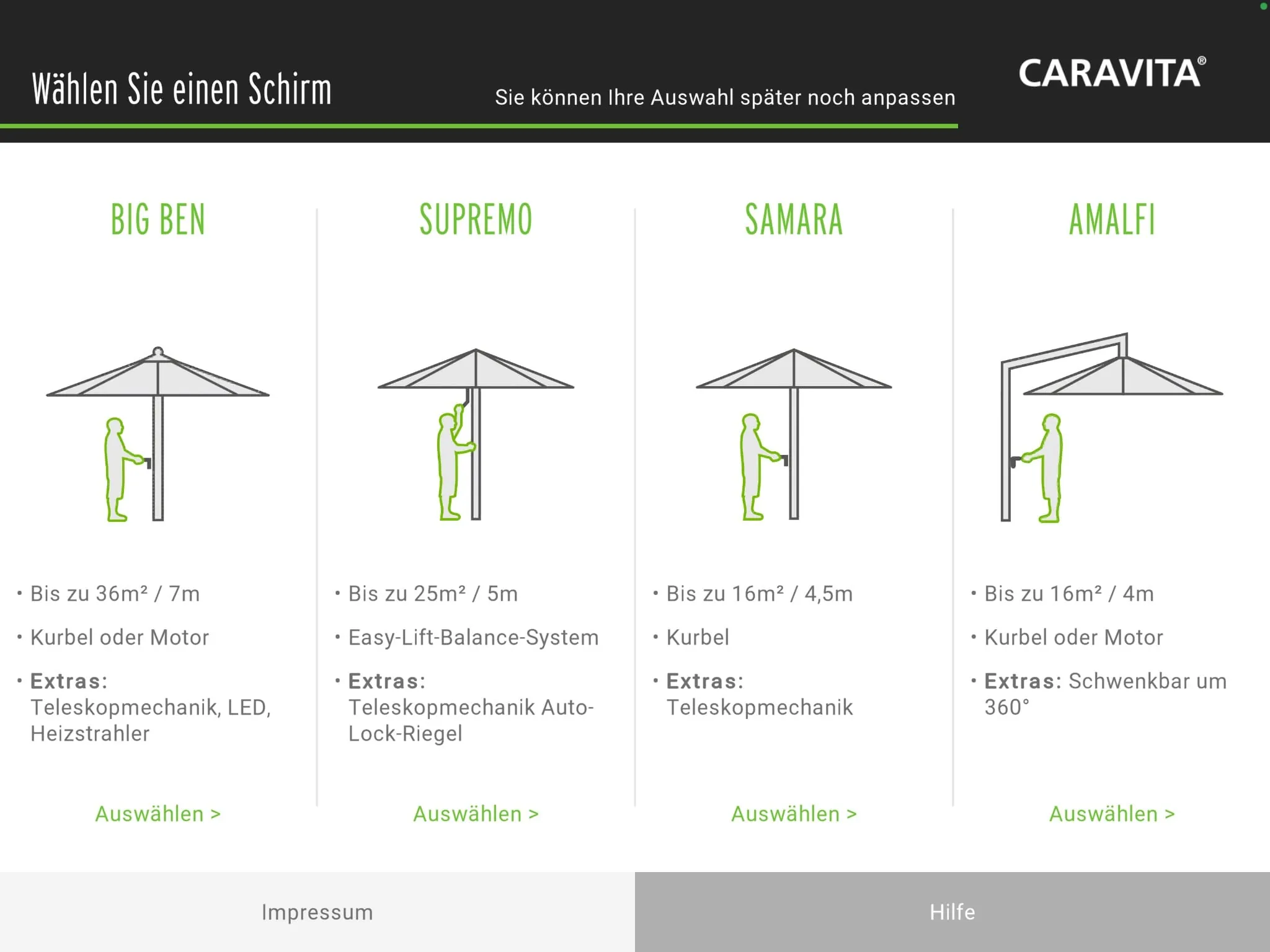 Wählen Sie das gewünschte Sonnenschirm-Modell aus, z.B. den multifunktionalen Big Ben.
