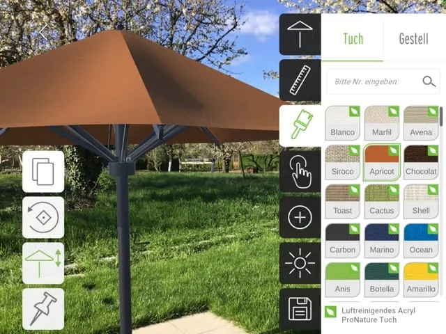 Wählen Sie Form und Größe sowie die Gestell- und Tuchfarbe.