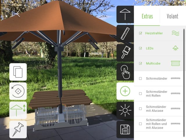 Ergänzen Sie optionale Extras wie Heizstrahler oder Schirmständer. Speichern Sie die Konfiguration als PDF-Dokument ab – neben der Visualisierung sind in der Datei auch sämtliche Angaben für die Bestellabwicklung enthalten.