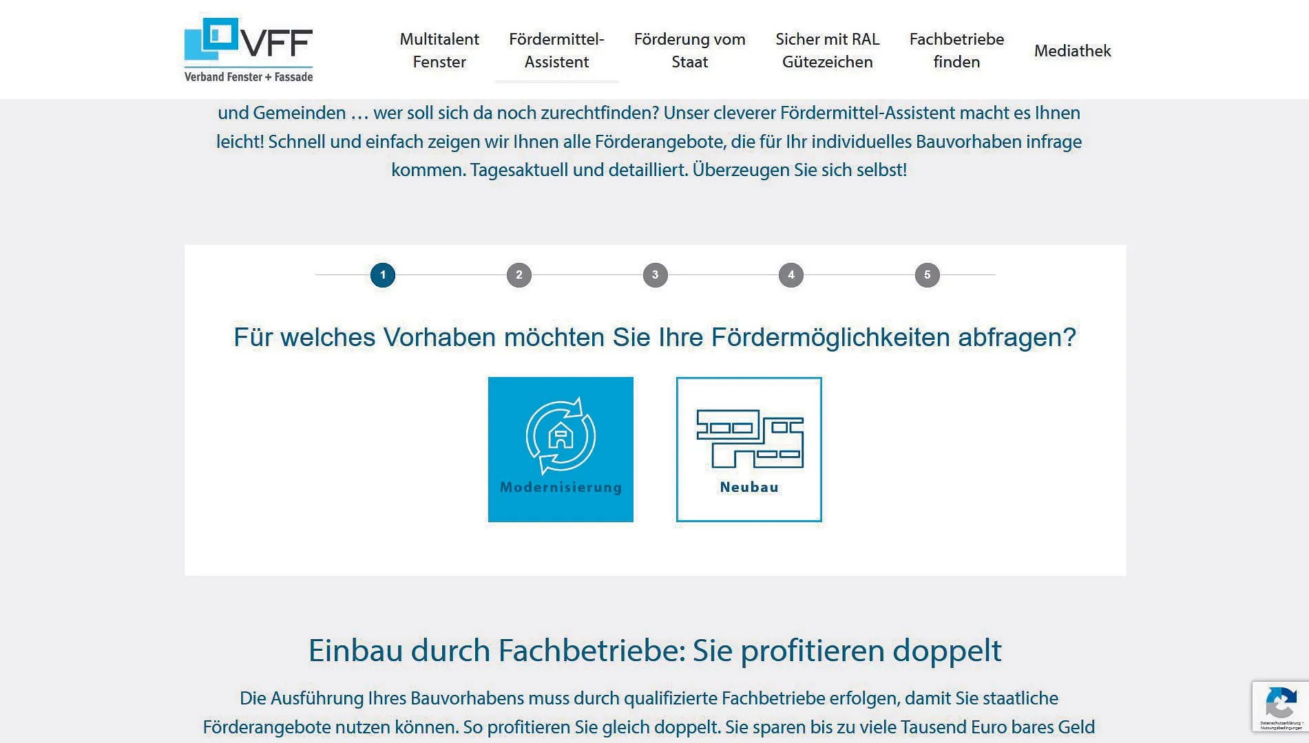 Wählen Sie aus, für welches Vorhaben Sie Fördermöglichkeiten abfragen – Modernisierung oder Neubau.
