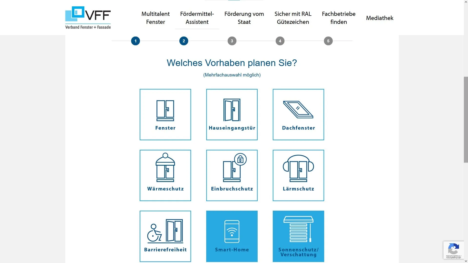 Geben Sie an, welche(s) Vorhaben Sie planen. Auch Sonnenschutz und SmartHome sind gezielt wählbar.