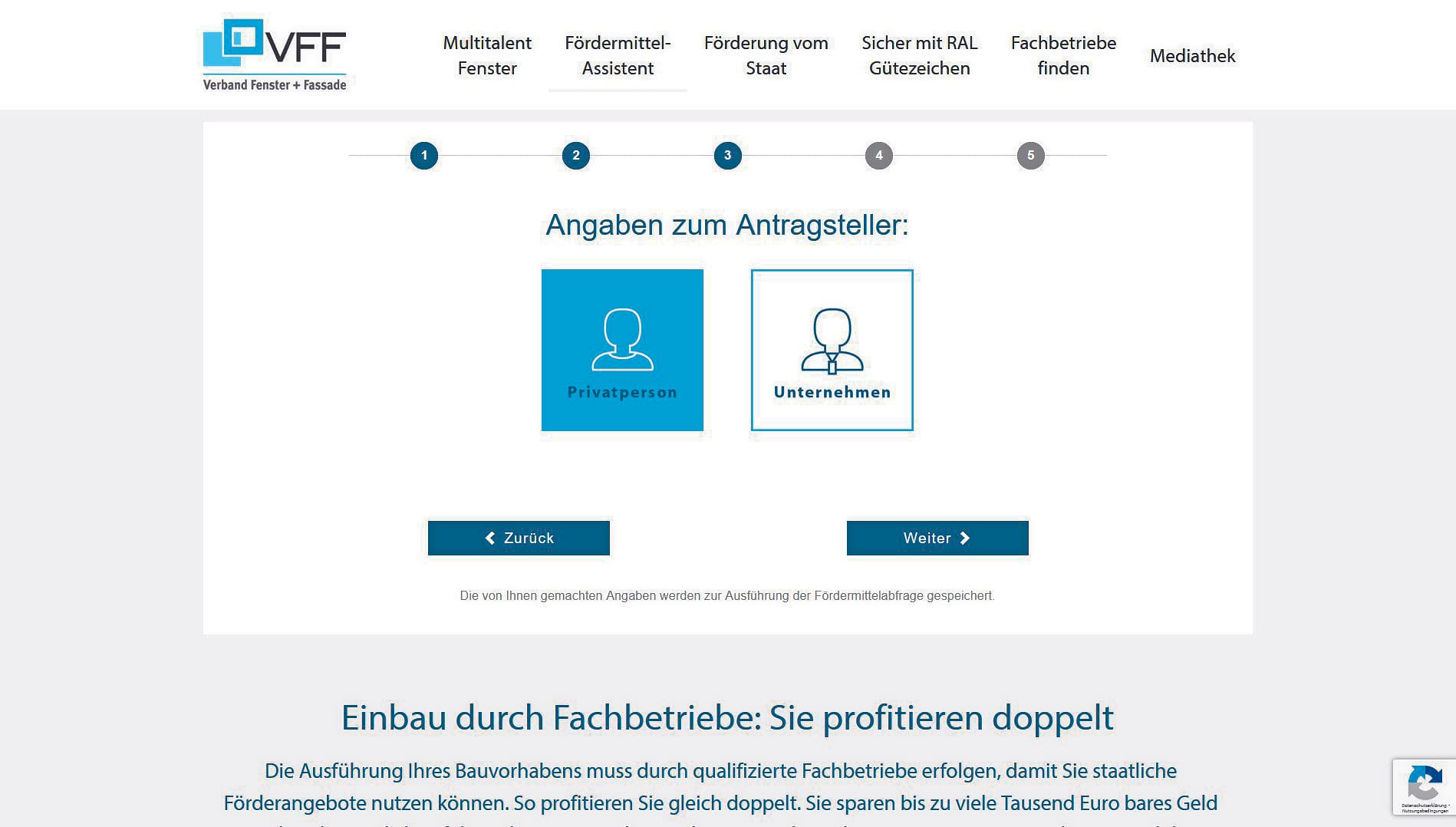 Machen Sie Angaben zum Antragsteller. Handelt es sich um eine Privatperson oder um ein Unternehmen?