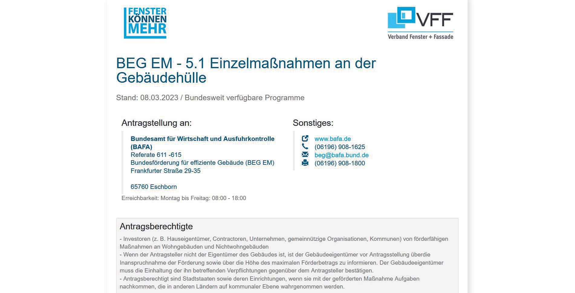 Per Mausklick können Sie sich Details zu den einzelnen Förderprogrammen anzeigen lassen, insbesondere zu den Fördervoraussetzungen, und diese ausdrucken.