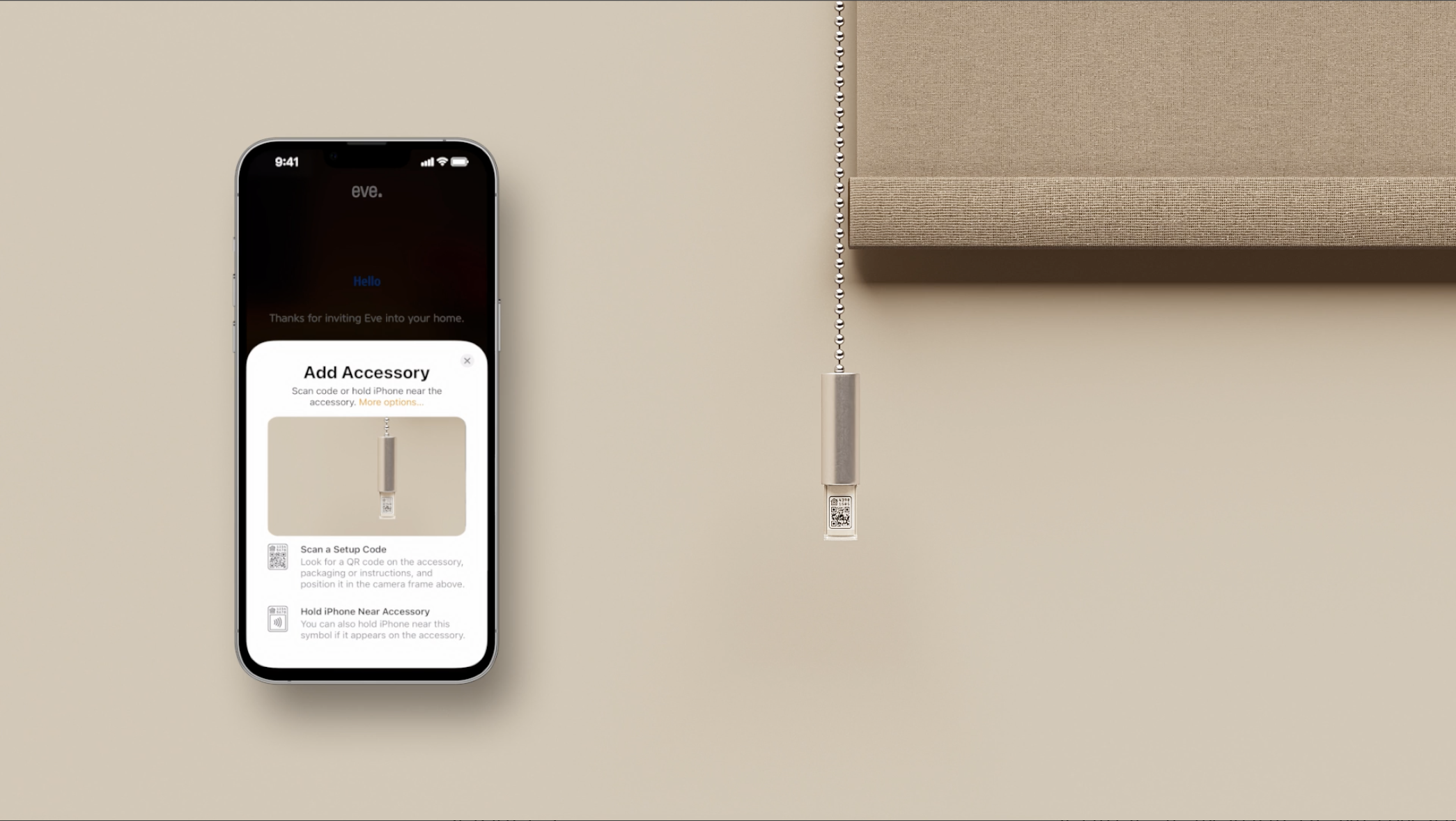 Laden Sie die Eve-App herunter (keine Registrierung erforderlich) und scannen Sie mit ihrem Smartphone den Setup-Code.