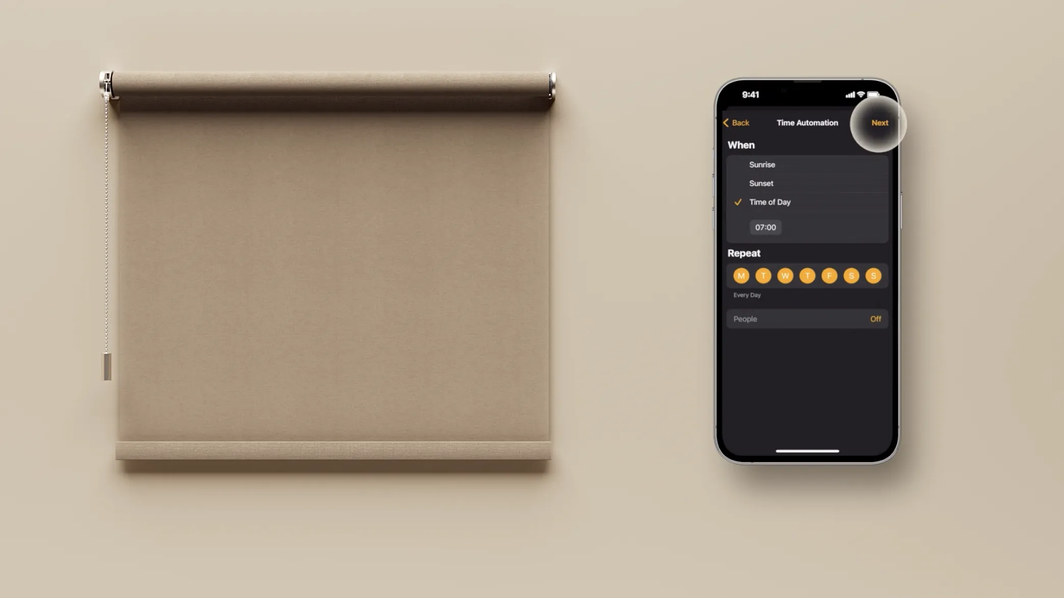 Erstellen Sie Automatisierungen mit dem Rollo sowie anderen Geräten, damit sich der Sonnenschutz je nach gewünschtem Szenario automatisch öffnet und schließt.