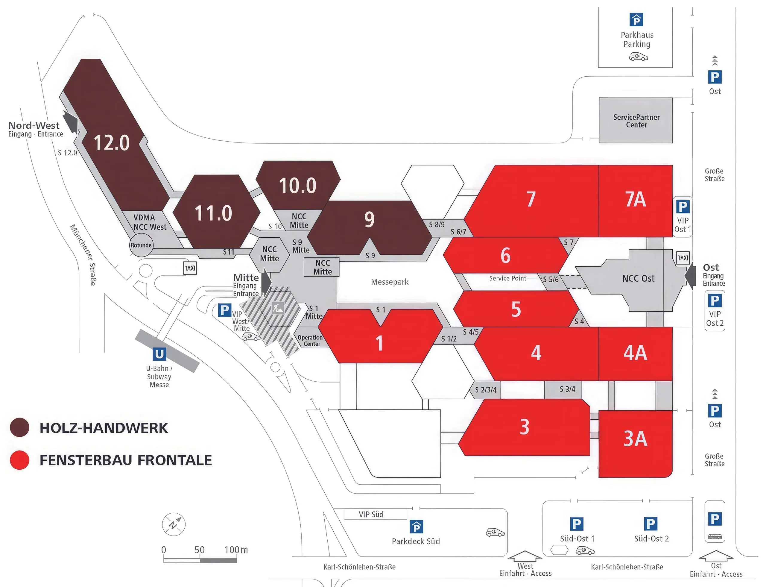 Die Messe ist thematisch gegliedert: Halle 1 und 4 für Beschläge, Halle 3 und 3A für Maschinen, Halle 4A, 5, 6, 7 und 7A für Profile und Glas, Halle 1 bis 7A für Fachinformationen, Halle 9 bis 12 für die Holz-Handwerk.