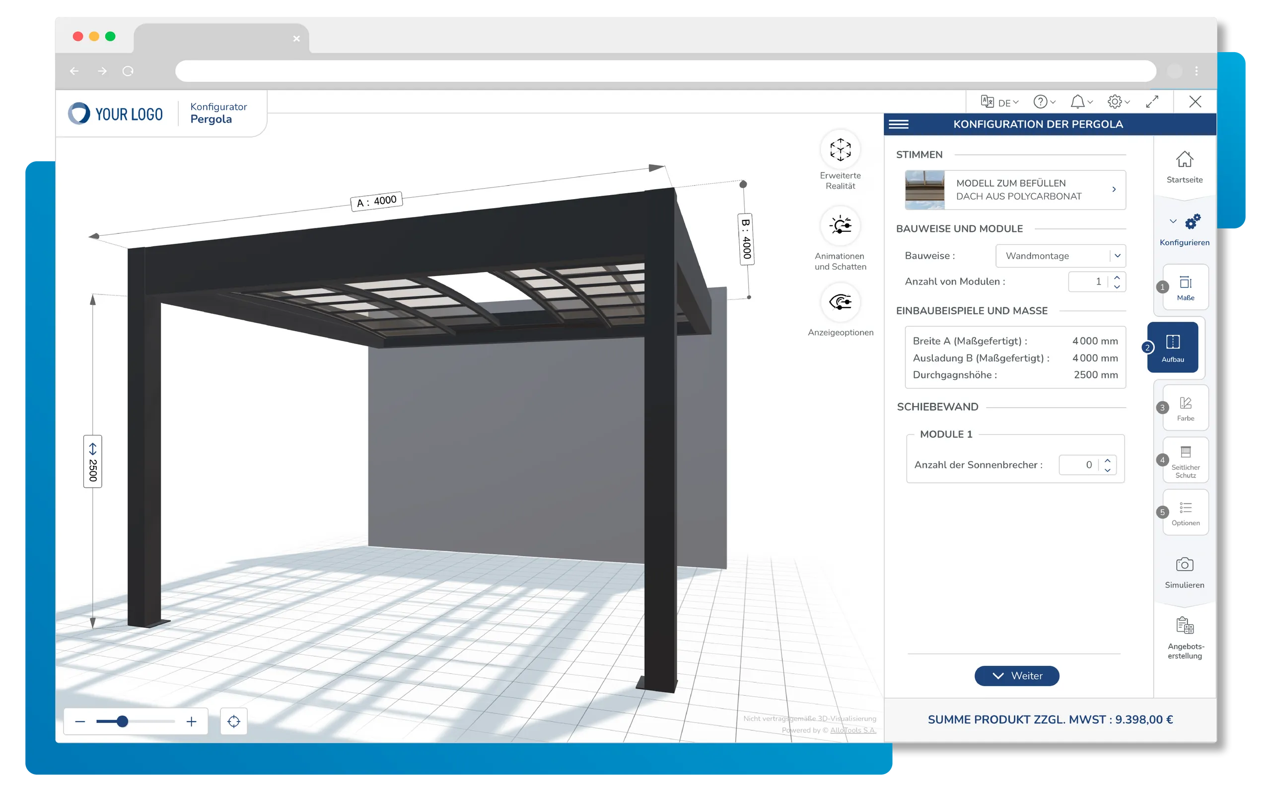 Erstellen Sie die gewünschte Pergola in wenigen Klicks. Die Benutzeroberfläche begleitet Sie durch den Konfigurationsprozess. Wählen Sie die Form aus und geben Sie die Abmessungen ein.