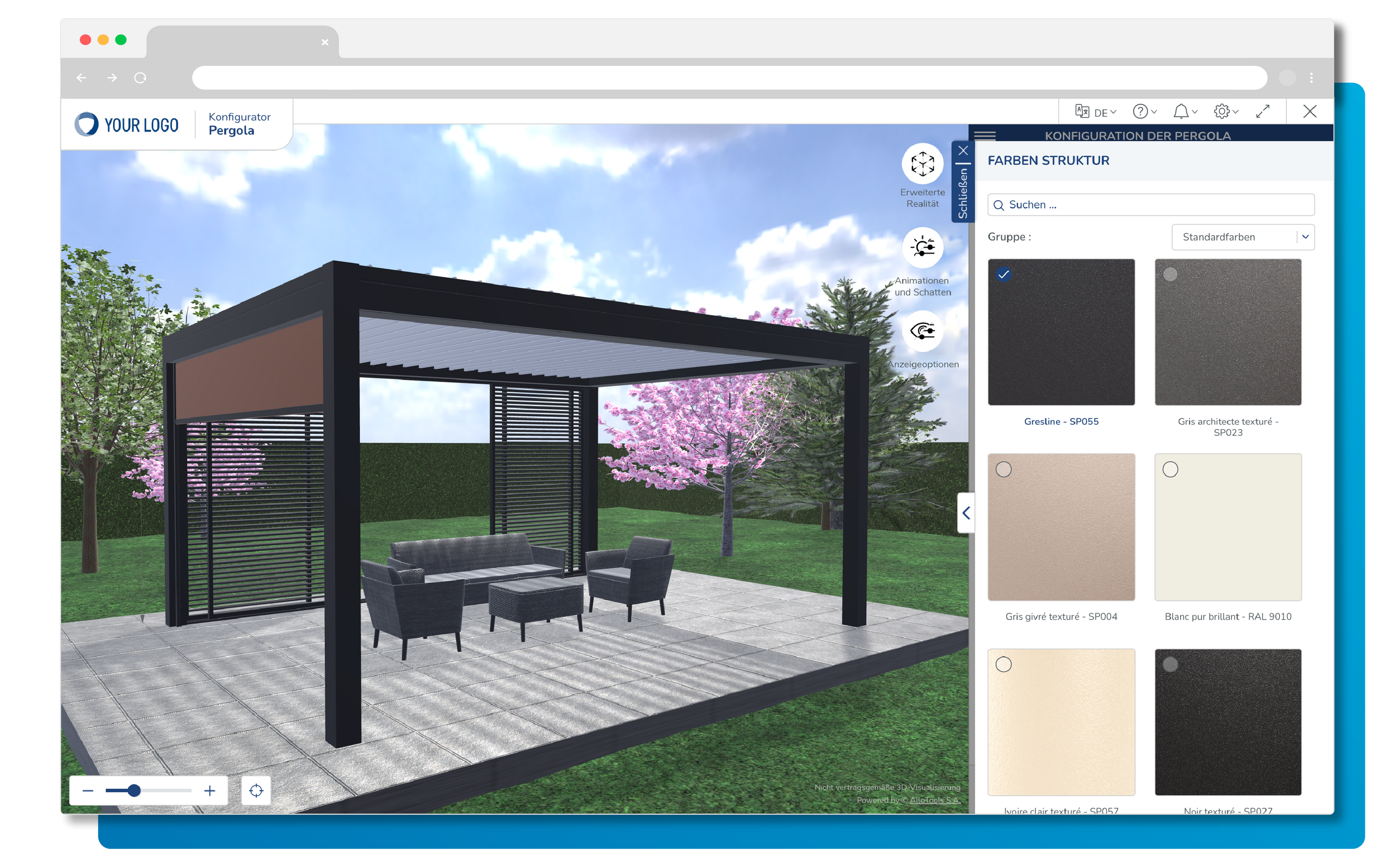 Passen Sie die Pergola an und zeigen Sie Ihrem Kunden in Echtzeit, wie sich der Preis ändert. Die Benutzeroberfläche ermöglicht es Ihnen, die gewünschten Eigenschaften und Ausstattungsoptionen auf einfache und effektive Weise auszuwählen. Durch die Integration der Fertigungs- bzw. Konstruktionsregeln sowie der kommerziellen Bedingungen des Herstellers ist sichergestellt, dass das Projekt umsetzbar ist und auch den preislichen Vorstellungen des Kunden entspricht.