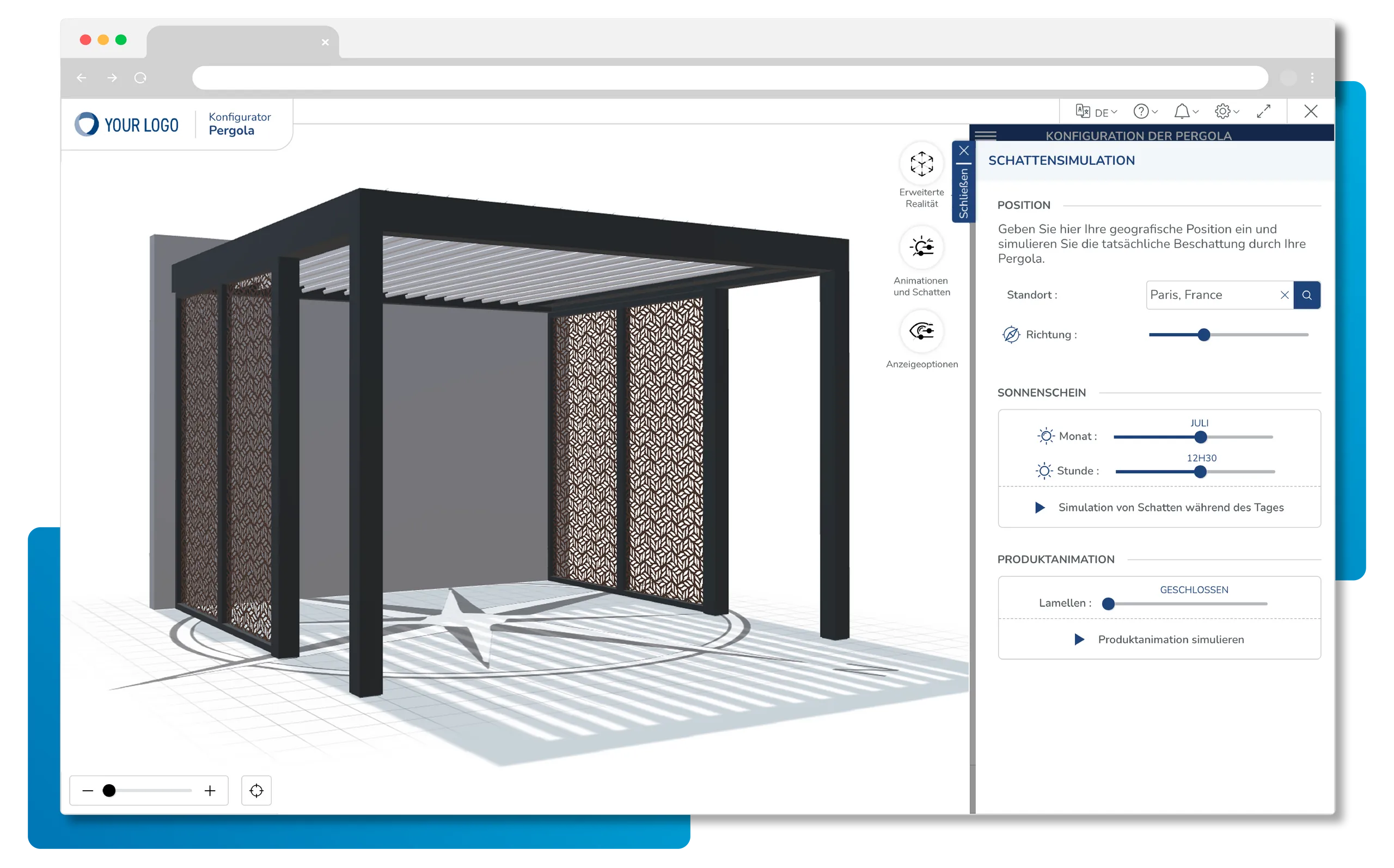 Nutzen Sie die Simulationswerkzeuge des Konfigurators. Myconfigurator bietet eine zuverlässige, dynamische 3D-Visualisierung hinsichtlich der Schattenwirkung des gewählten Sonnenschutzes. Ihrem Kunden erstellen Sie auf dieser Basis ein Angebot, das im Anhang auch einen Vorher-Nachher-Vergleich als Fotosimulation enthält.
