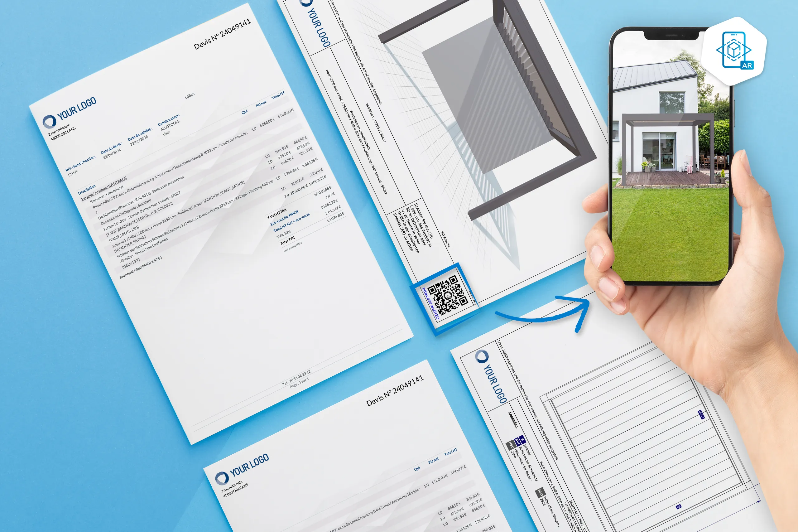 Lassen Sie Ihrem Kunden das Angebot zukommen und verlängern Sie sein Beratungserlebnis mithilfe eines QR-Codes. Das Angebot enthält maßstabsgetreue Pläne und 3D-Visualisierungen. Durch einen QR-Code wird dieses interaktiv. Der Kunde scannt den Code mit der Kamera seines Smartphones oder Tablets ein und betrachtet sein Projekt dann via Augmented Reality in der eigenen Umgebung – ohne eine zusätzliche App herunterladen zu müssen.