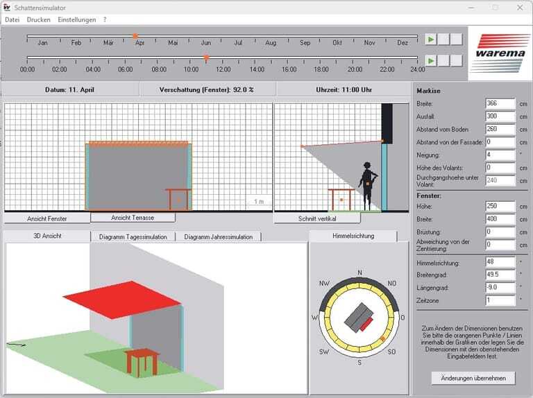 Beispielsimulation aus dem Warema-Schattensimulator für den 11. April um 11 Uhr: Mit ihrem 3.665 Millimeter breiten Tuch verschattet die neu installierte Kassettenmarkise 92 Prozent der Fensterfläche. Die alte Markise hatte die Fensterfläche zu 98 Prozent und damit fast vollständig verschattet.