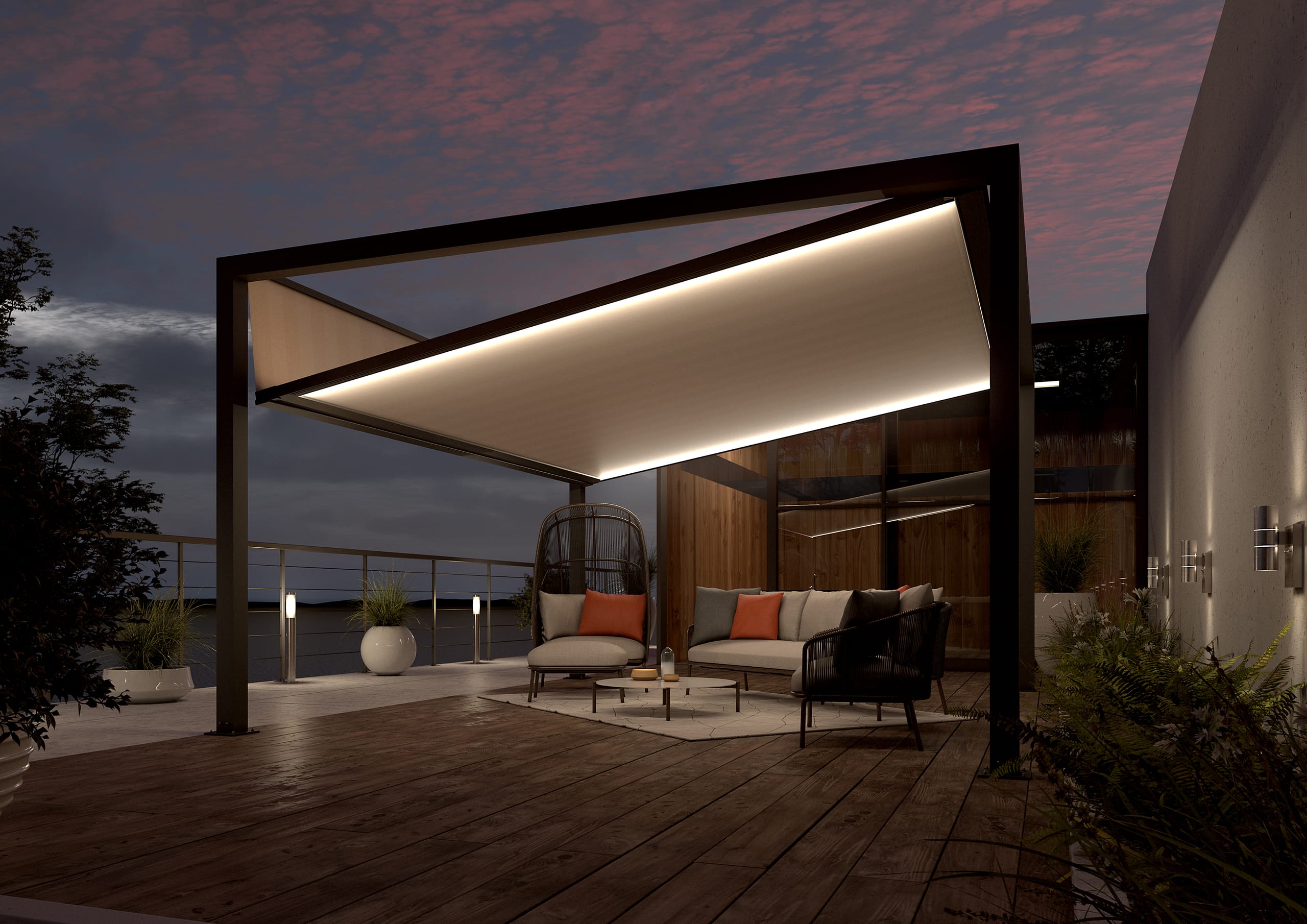Das Pergola-System Q.bus besitzt neue, integrierten LED-Lichtbänder sowie verschiedene neue Seitenelementen.