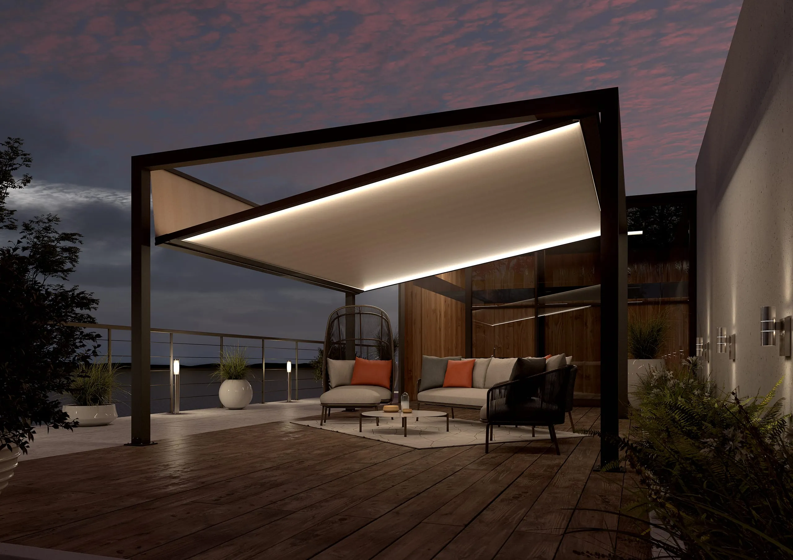 Das Pergola-System Q.bus besitzt neue, integrierten LED-Lichtbänder sowie verschiedene neue Seitenelementen.