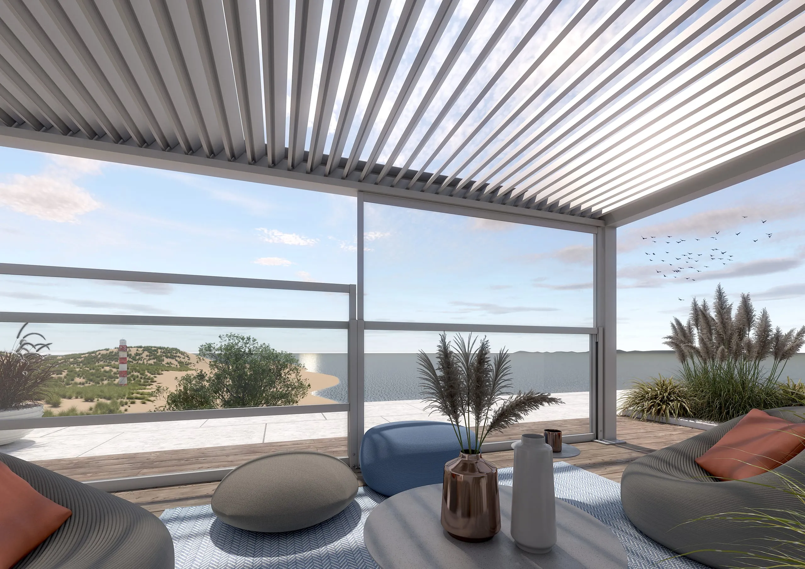 Das Lamellendach Clima Q.bus XL mit neuartigen Glashebe-Elementen.