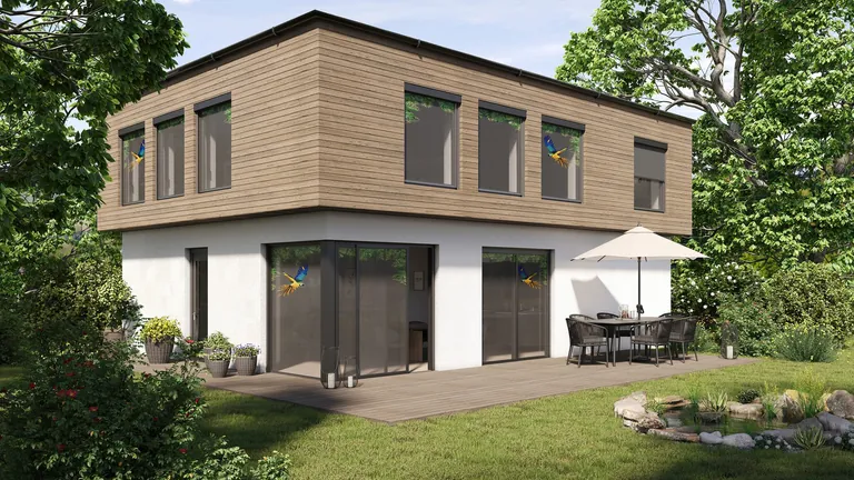 Bedruckte MHZ Insektenschutzl&ouml;sungen werten Au&szlig;enbereiche optisch auf.