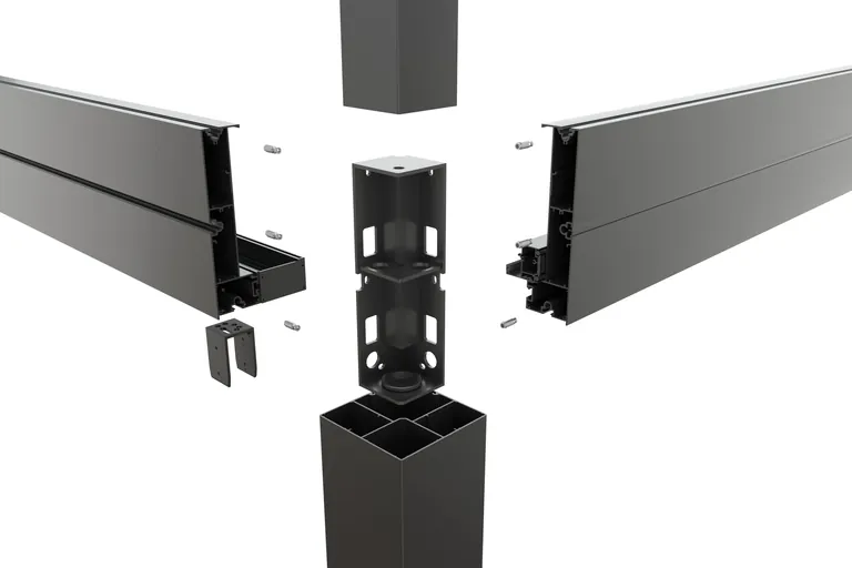 An den Ecken werden die seitlichen Rahmenelemente der Terrassenüberdachung und die Stützen verschraubt – im Anschluss verdeckt eine leicht montierte Kappe die Schrauben.