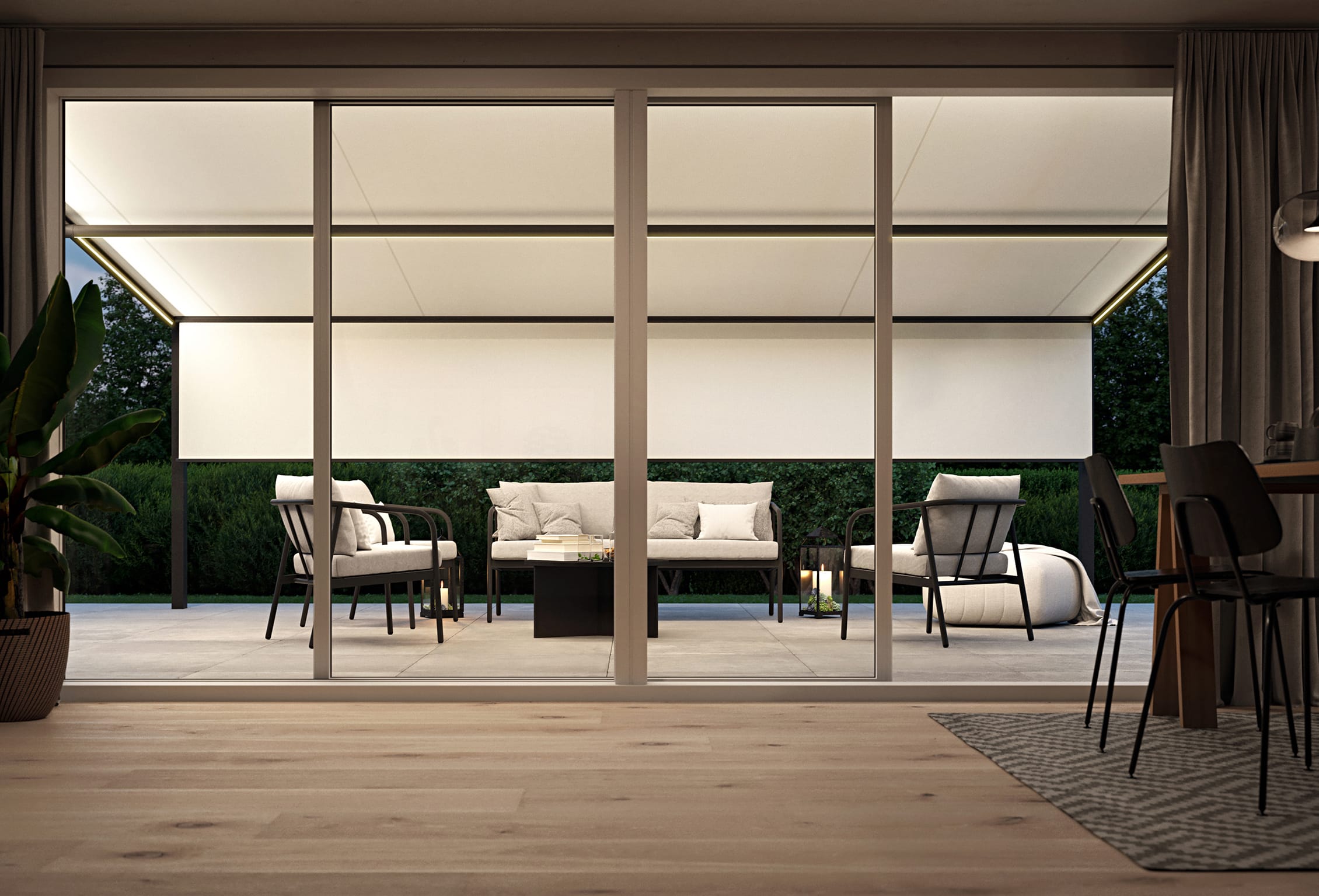 Die Unterglasmarkisen von Markilux sorgen zudem mit optional integrierbarem LED-Leuchten für schöne Lichteffekte, die sogar farbig sein können. Vertikal- und Seitenmarkisen bieten je nach räumlicher Situation zusätzlichen Sicht- und Wetterschutz. Das Design ist dabei auf die Optik heutiger Glaskonstruktionen abgestimmt.