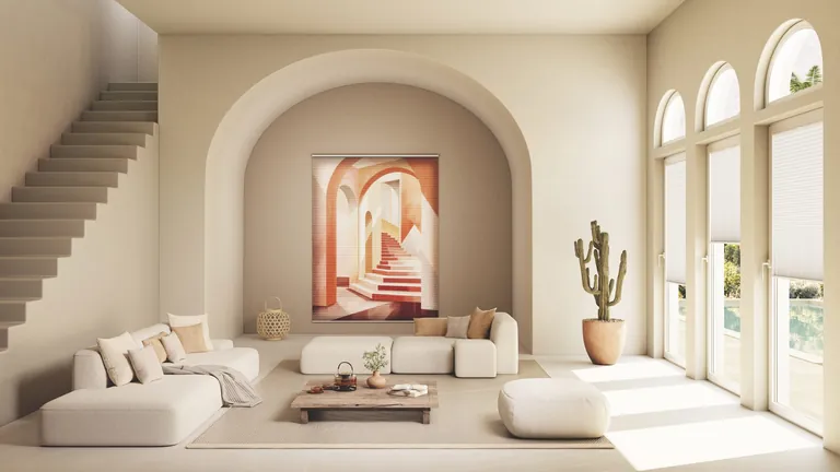 Das edle Dessin des Plissees Stella, kombiniert mit ausgesuchten Stoffen und subtilen Farbverläufen, schafft ein stimmiges, individuelles Ambiente.