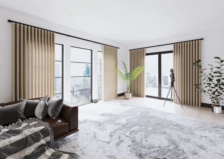 Das Wellenband-System Flow für Vorhänge erzeugt einen schwebenden Eindruck der Gardinen.