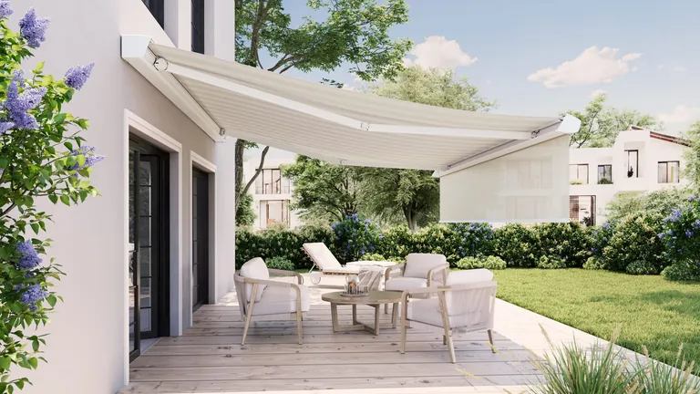 Die Terrassenmarkisse art_02 &uuml;berzeugt durch ihr kubisches Design, klare Linien und eine gro&szlig;e Spannweite.