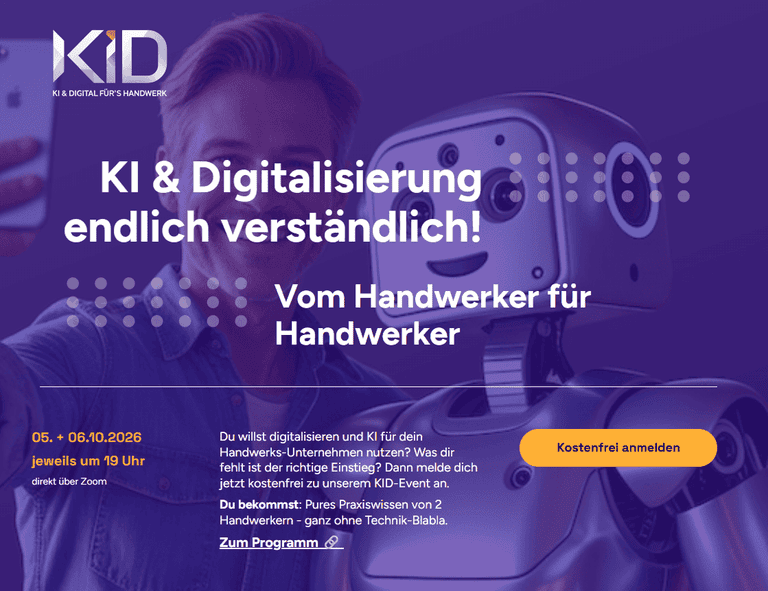 An zwei Abenden im Oktober 2026 vermitteln Matthias Brack und Jörg Mosler per Zoom praxisnahes Wissen zu KI-Strategie und KI-Betriebssystem im Handwerksbetrieb.